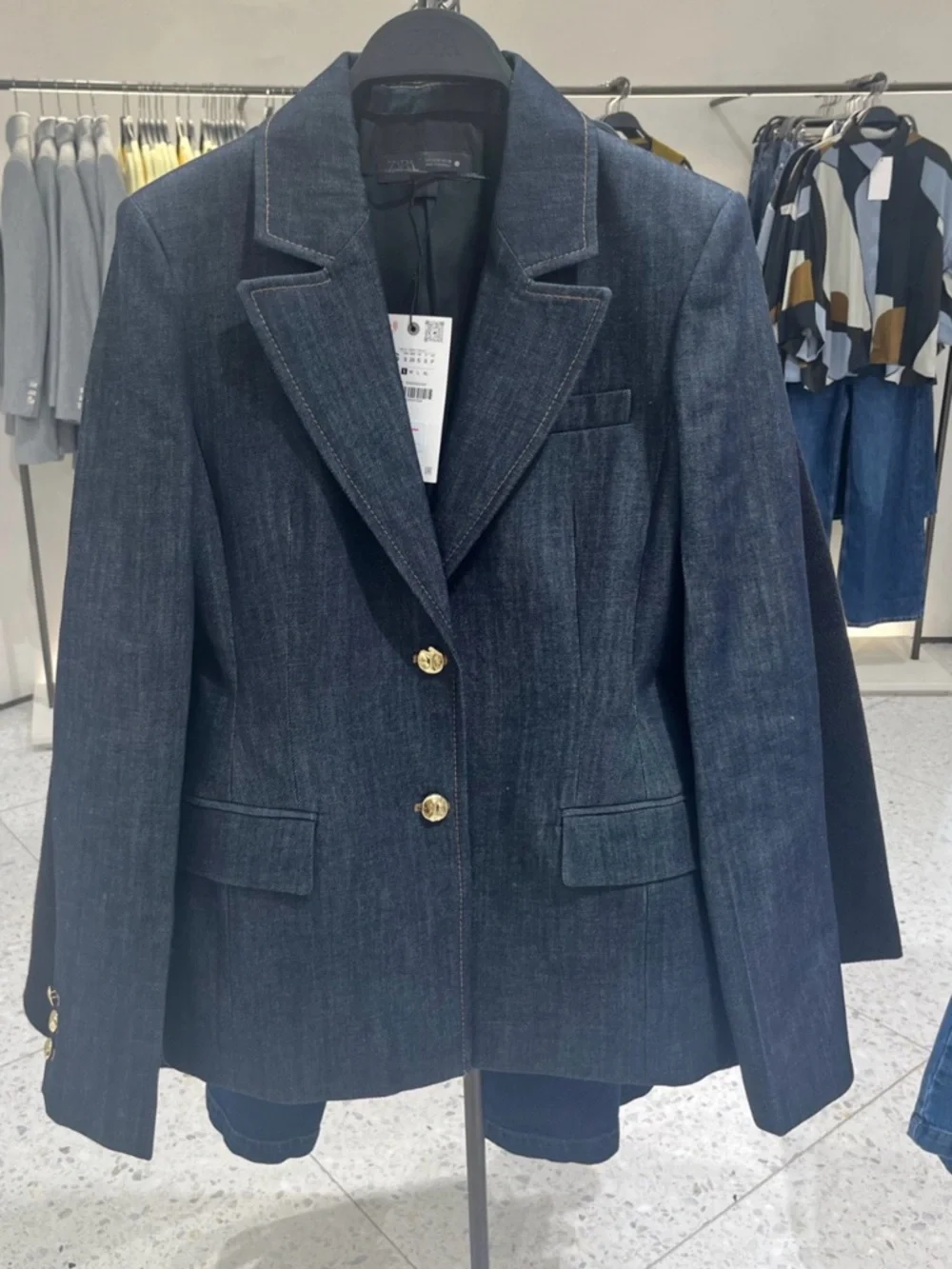 Zara Dark Indigo Denim Blazer with Gold Buttons - Picture 1 of 7